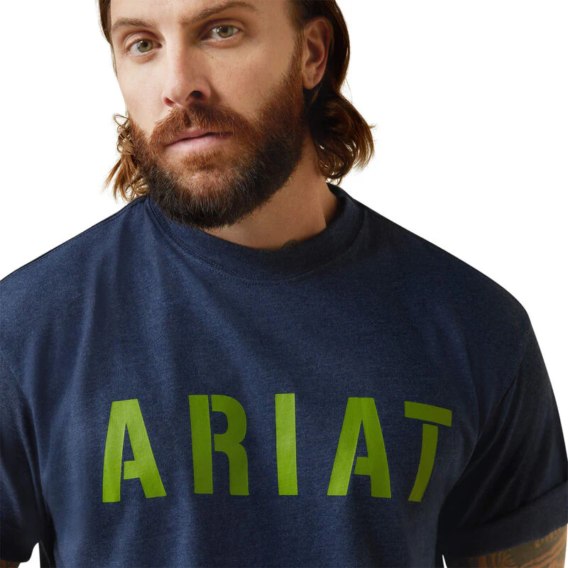 Ariat Mens Rebar Cotton Strong Block T-Shirt - Navy Heather/Lime - Image 4