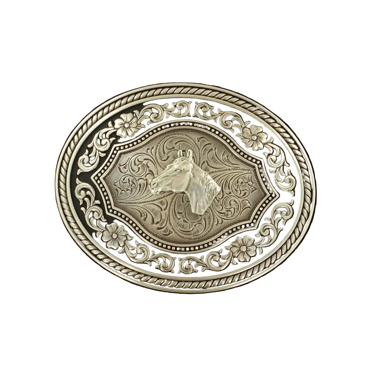 Nocona Mens Buckle Oval Black Edge Background w/Horsehead Motif