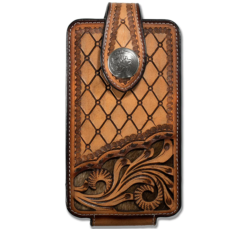 3D Cell Phone Case Hand Tooled Hair Underlay- Brown