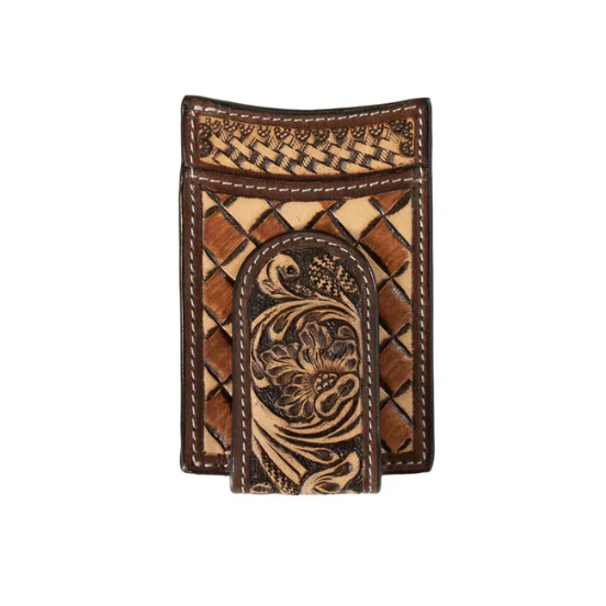 3D Men's Hand Tooled Floral Basketweave Money Clip- Tan