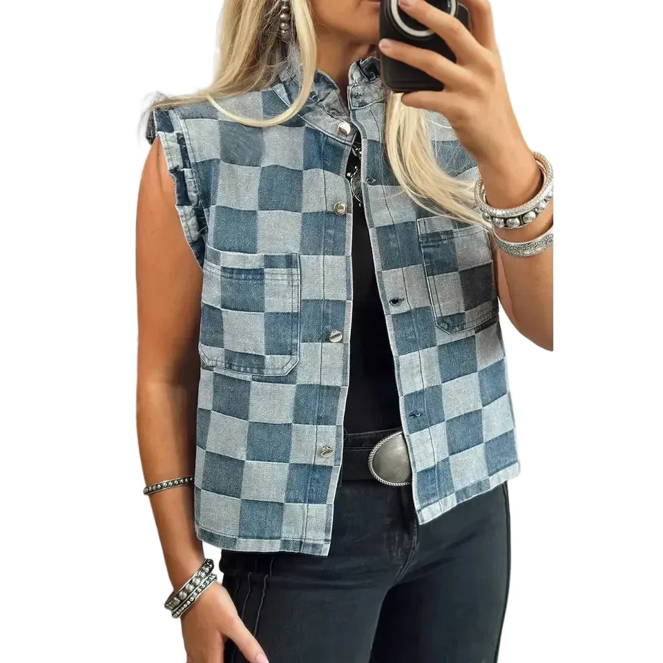 66 Disco Women's Denim Checkered Ruffle Trim Button Down Vest - Blue - Image 2