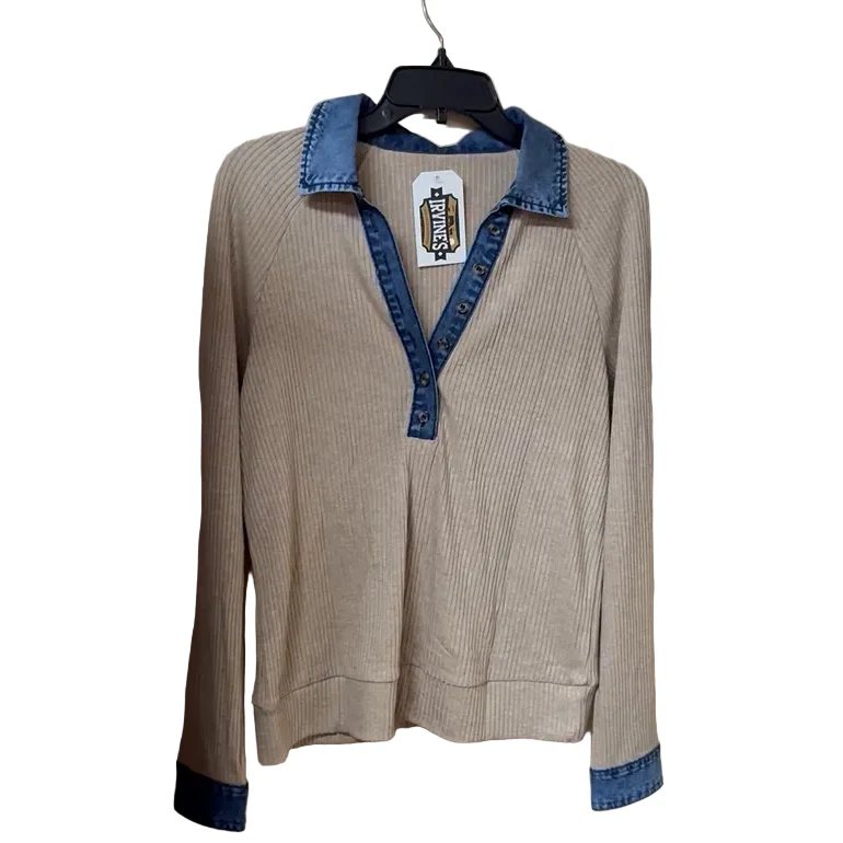 66 Disco Women's V Neck Collared Shirt- Beige