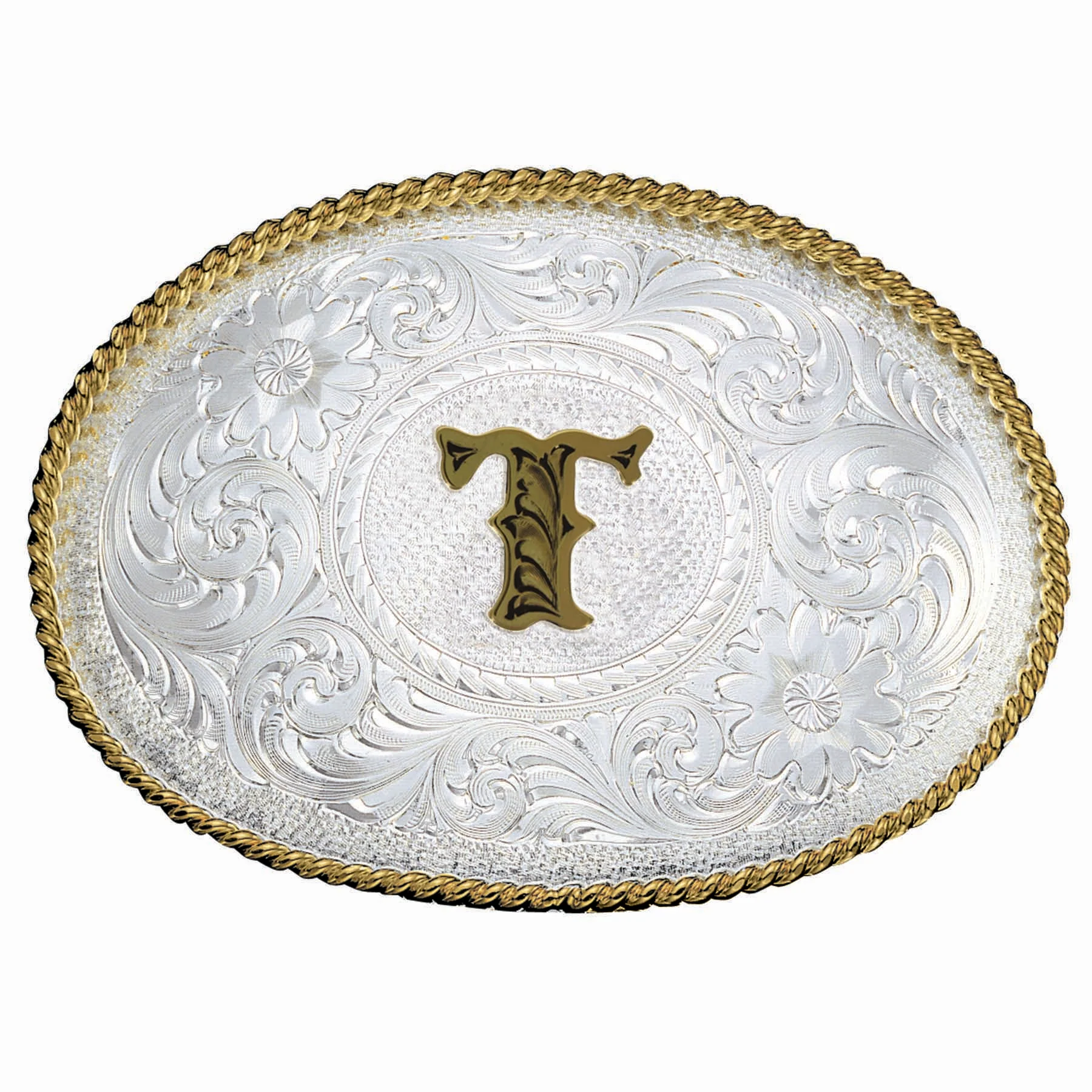 Montana Silversmiths Initial T Silver Engraved Gold Trim Western Belt Buckle