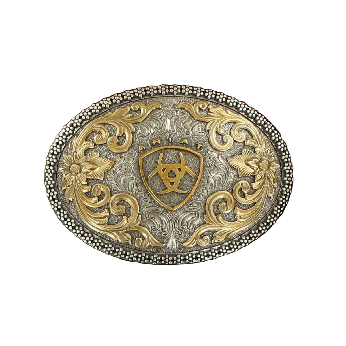 Ariat Oval Floral Scrolled Logo Buckle - Antique Silver/Gold