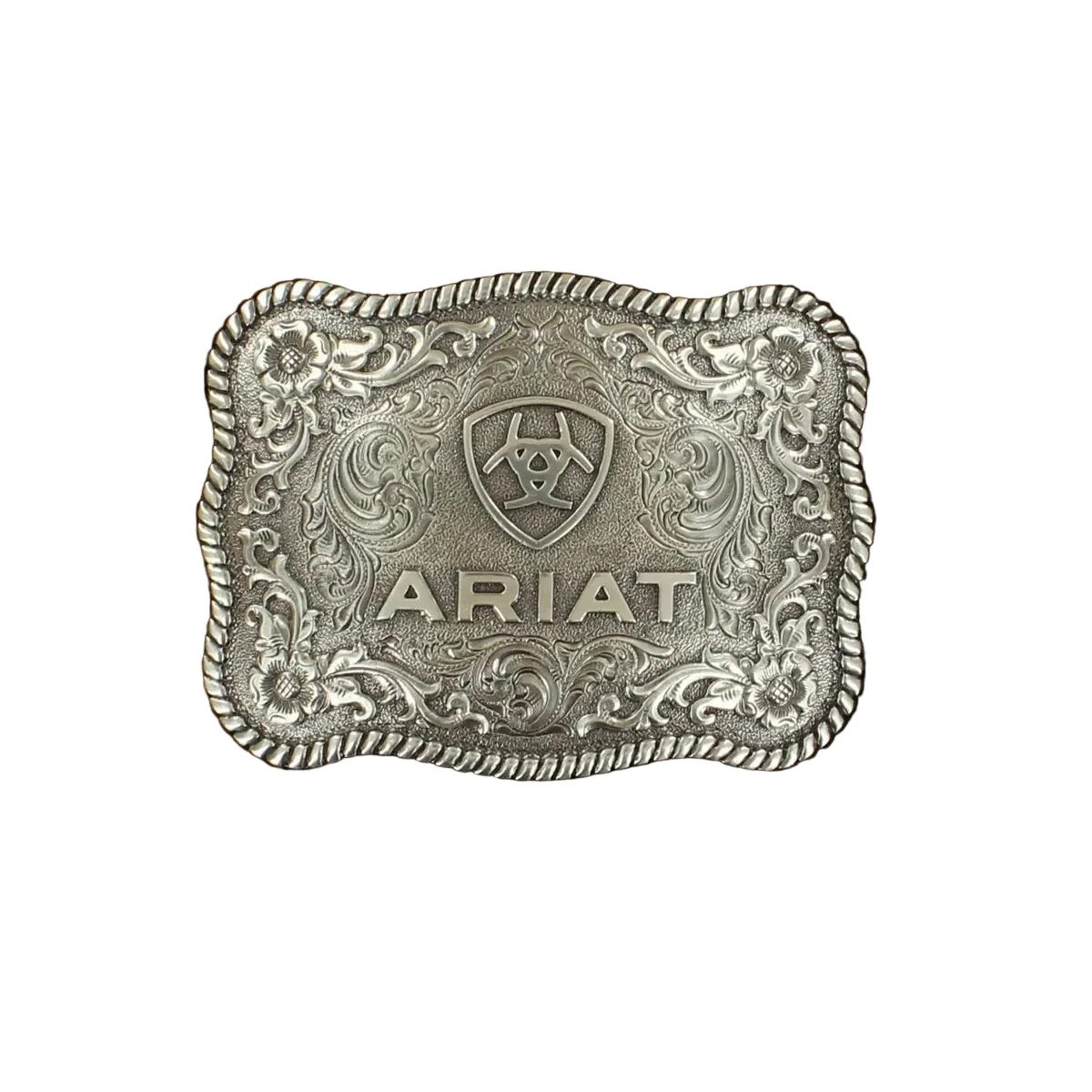 Ariat Buckle Rectangle Rope Edging with Floral Filigree Center and Shield Logo