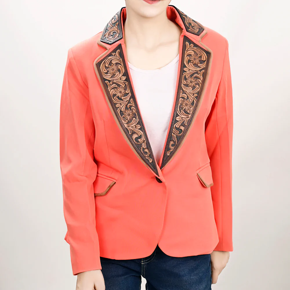 American Darling Women's Blazer w/Leather Lapels - Pink w/Tan & Chocolate