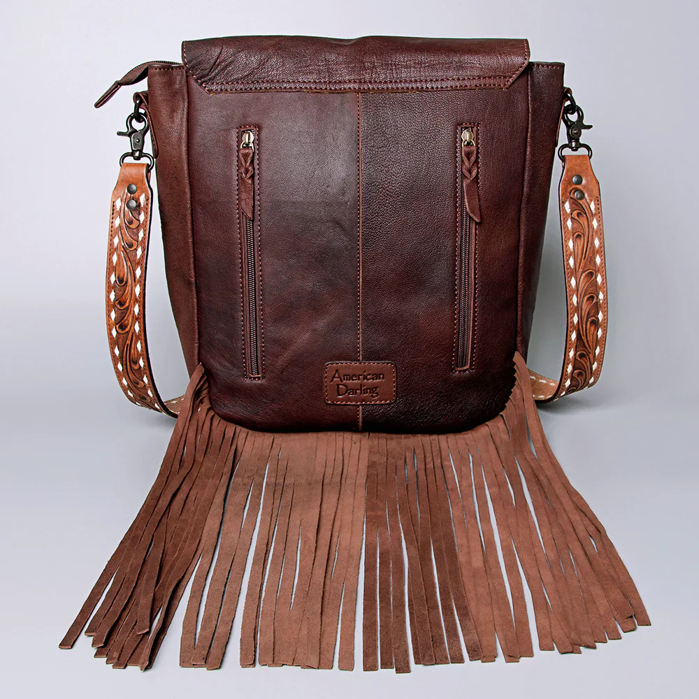 American Darling Hair On Hand Tooled Large Messenger Bag w/Fringe - Brown - Image 2