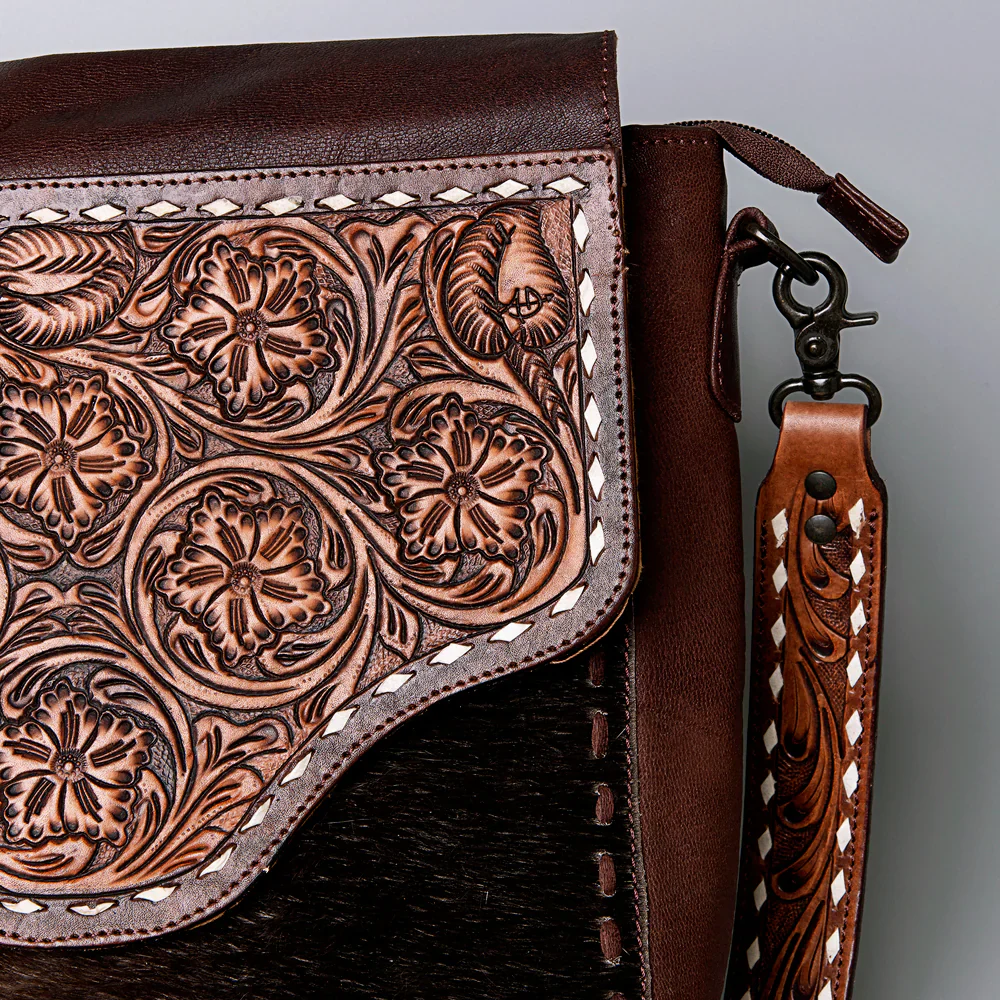 American Darling Hair On Hand Tooled Large Messenger Bag w/Fringe - Brown - Image 3