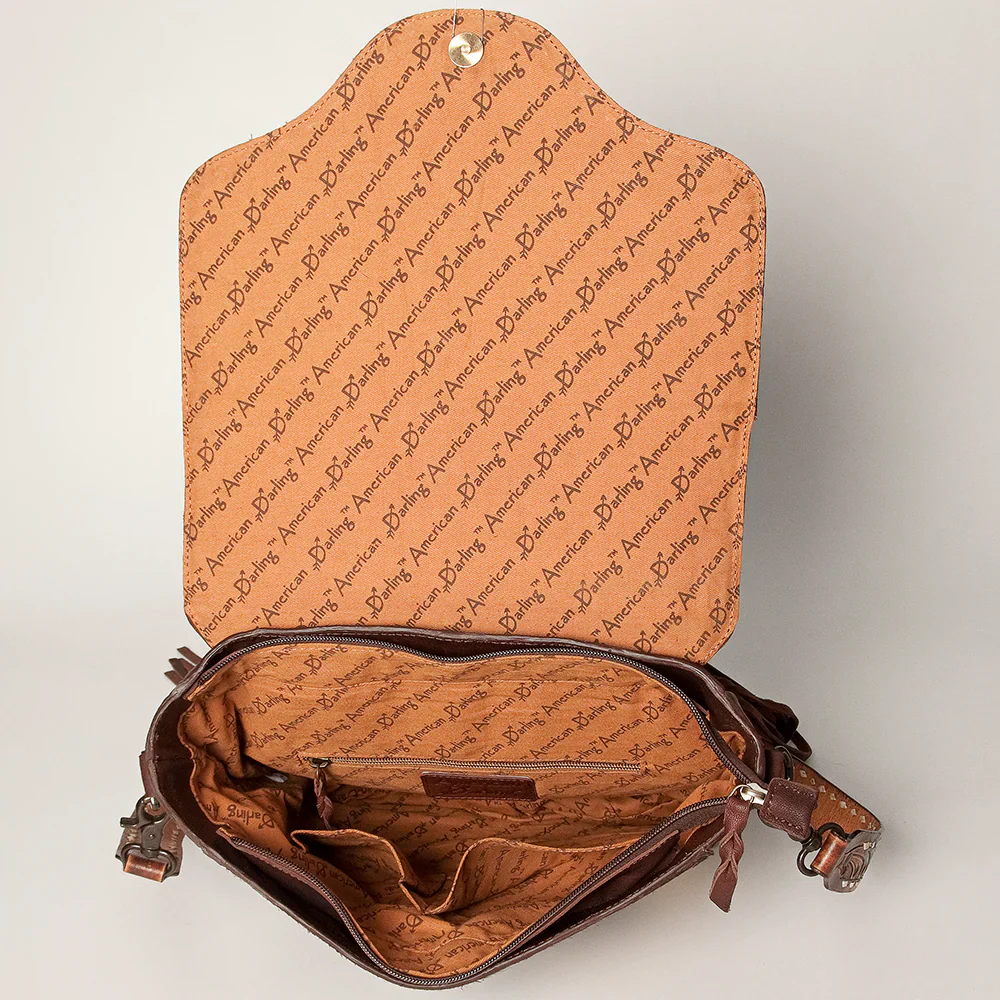 American Darling Hair On Hand Tooled Large Messenger Bag w/Fringe - Brown - Image 4
