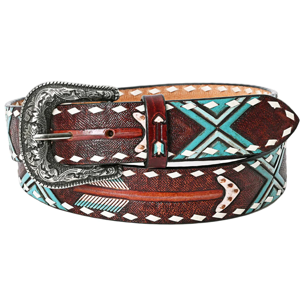 American Darling Hand Tooled Arrow & Tribal Pattern Western Leather Belt - Rustic Brown/Turquoise - Image 2