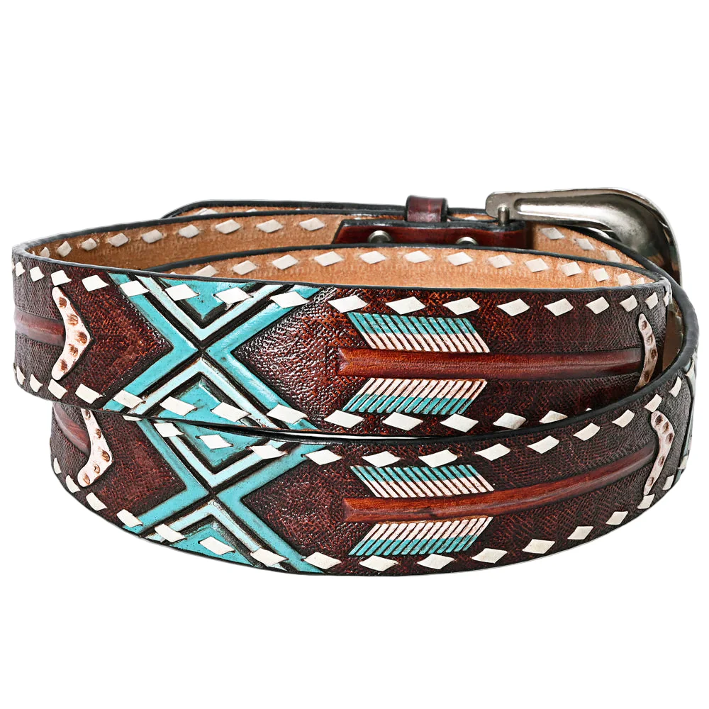 American Darling Hand Tooled Arrow & Tribal Pattern Western Leather Belt - Rustic Brown/Turquoise - Image 3