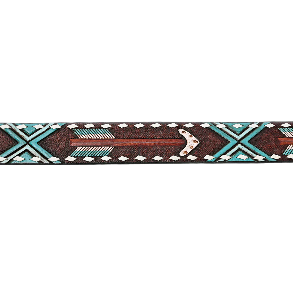 American Darling Hand Tooled Arrow & Tribal Pattern Western Leather Belt - Rustic Brown/Turquoise - Image 4