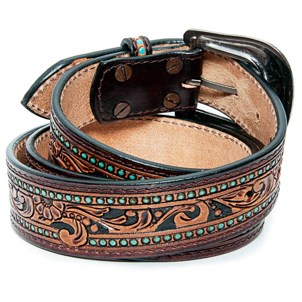 American Darling Tooled Leather Belt - Flower Filigree w/Turquoise Dots - Image 2