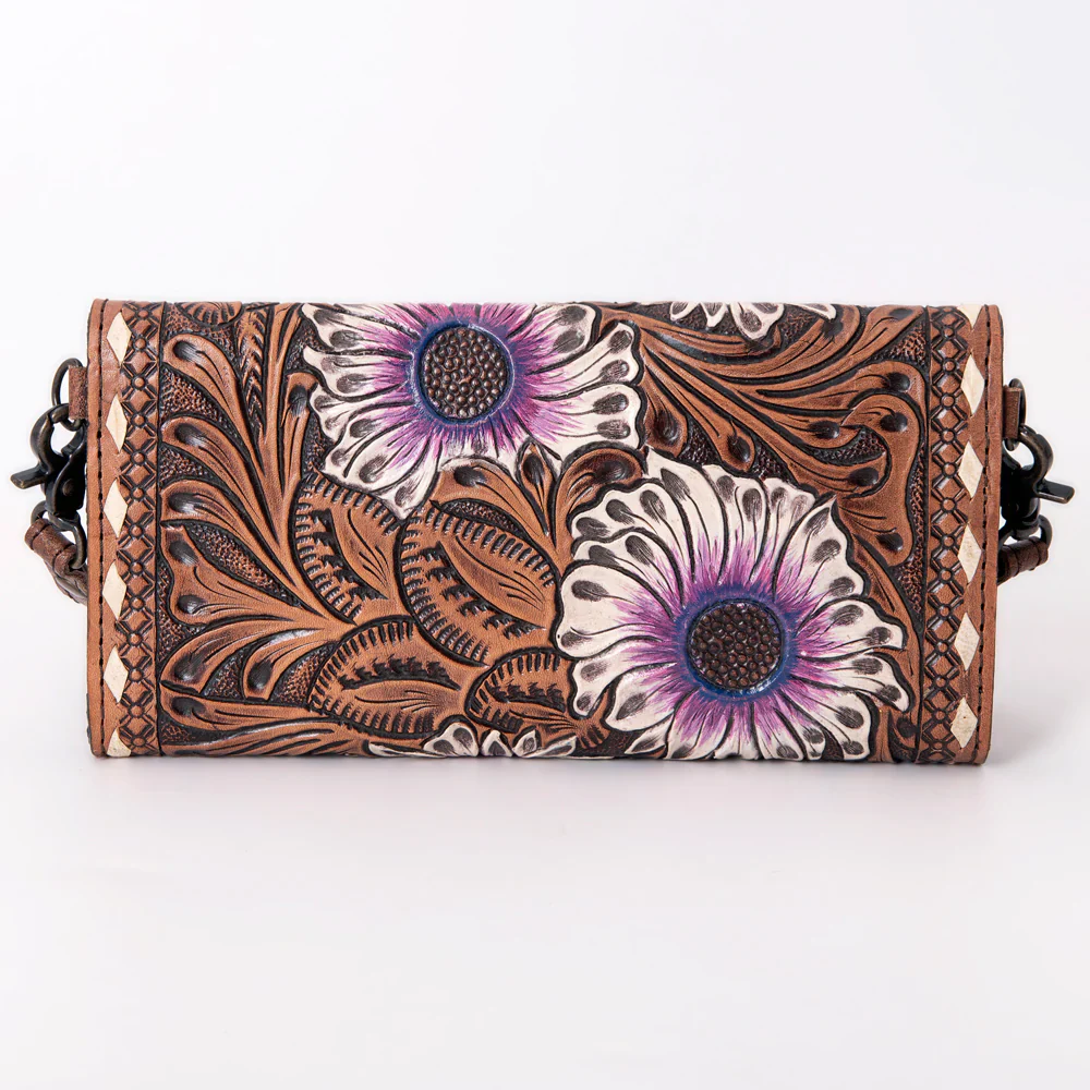 American Darling Leather Hand-Tooled Crossbody Purse - Chocolate w/Purple Flowers - Image 2