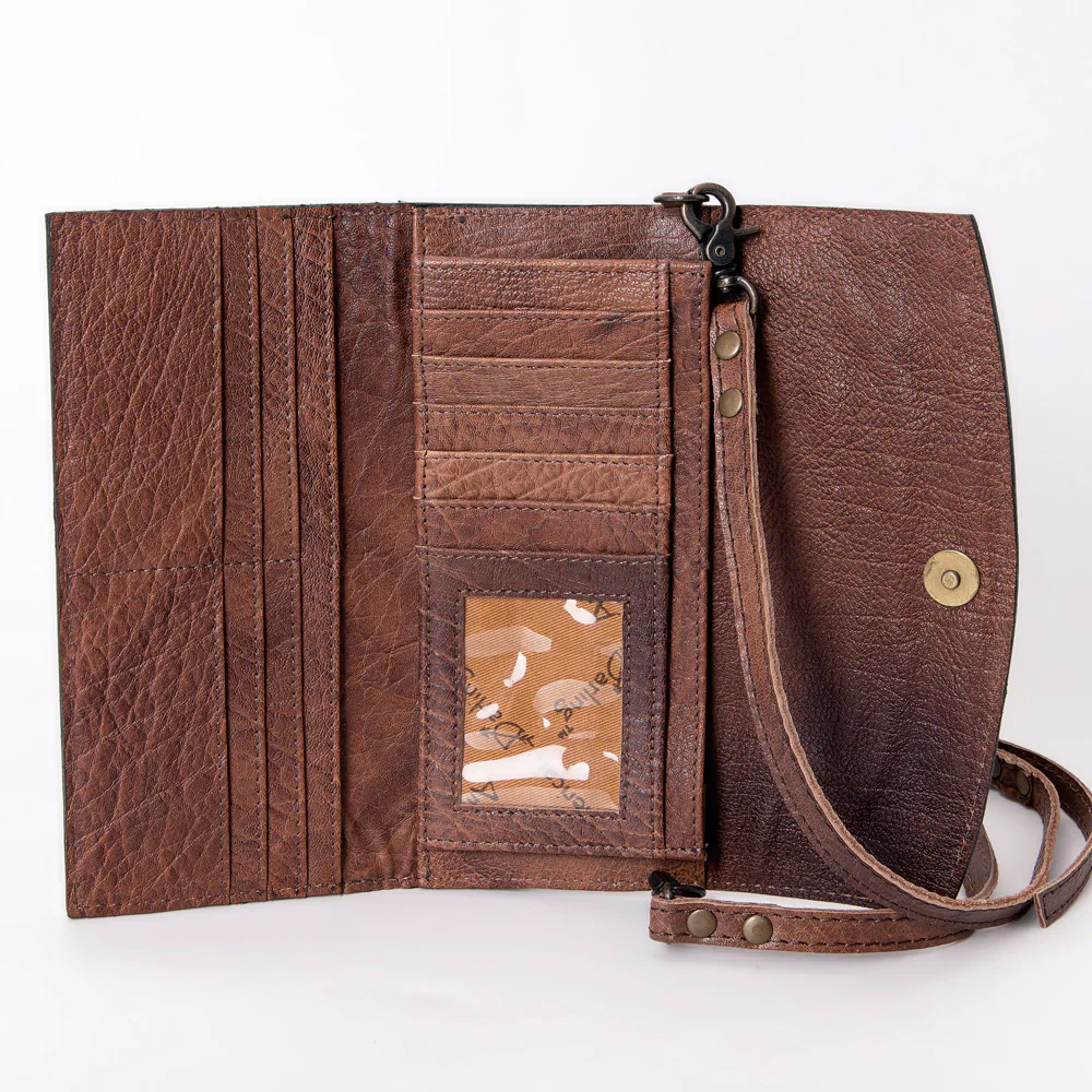 American Darling Leather Hand-Tooled Crossbody Purse - Chocolate w/Purple Flowers - Image 3