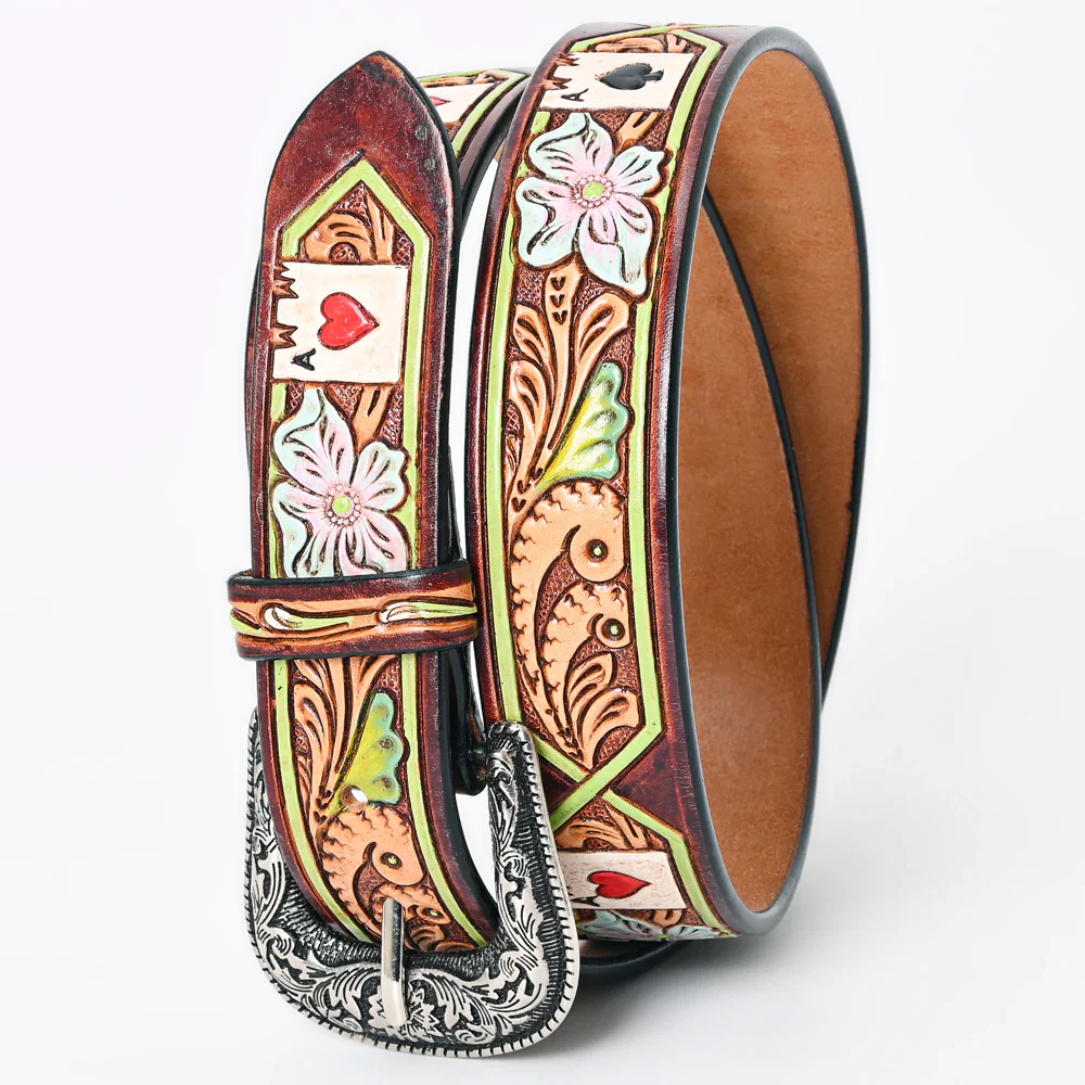 American Darling Tooled Leather Belt - Aces w/Green Border - Image 3