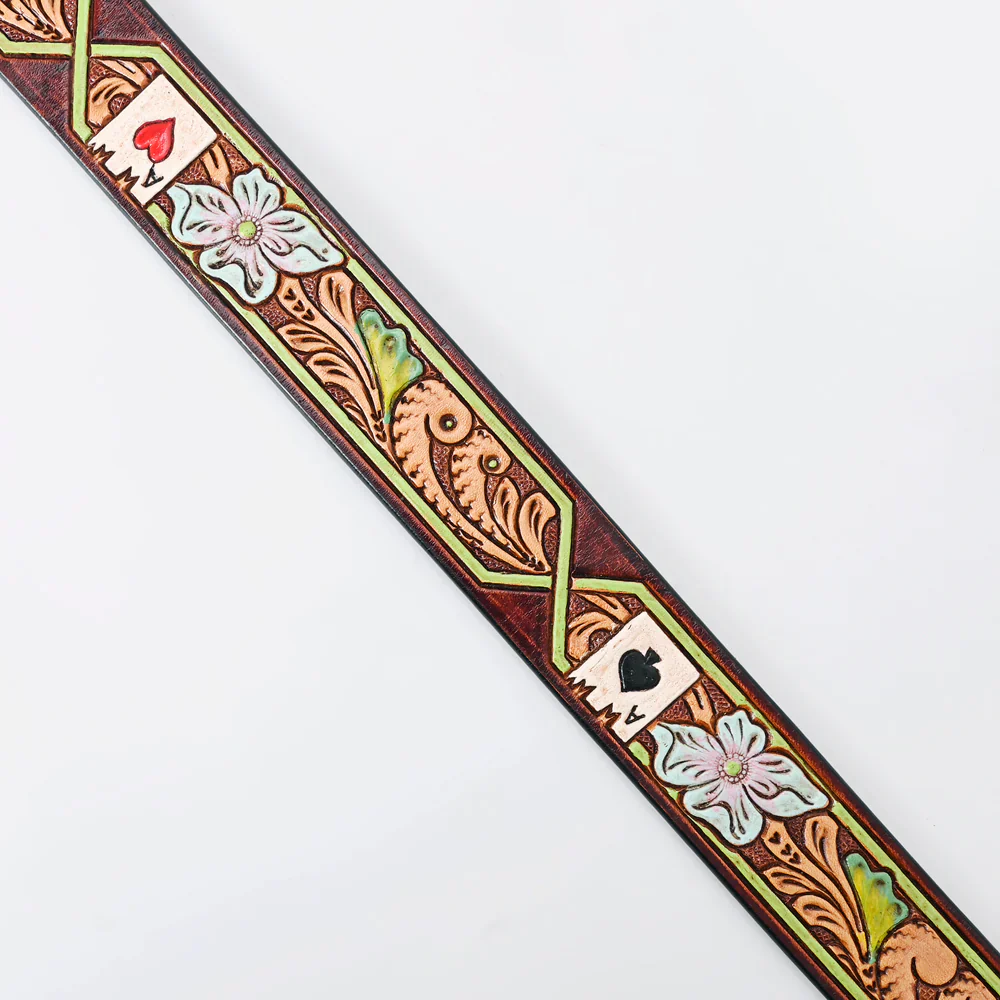 American Darling Tooled Leather Belt - Aces w/Green Border - Image 4