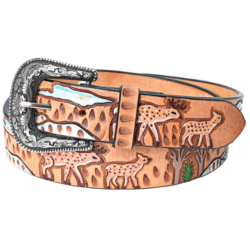 American Darling Tooled Leather Western Belt - Deer & Wilderness Landscape - Tan - Image 2