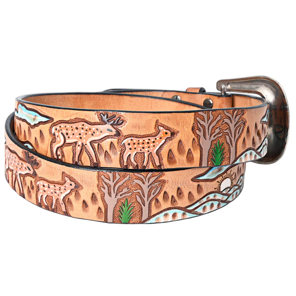 American Darling Tooled Leather Western Belt - Deer & Wilderness Landscape - Tan - Image 3