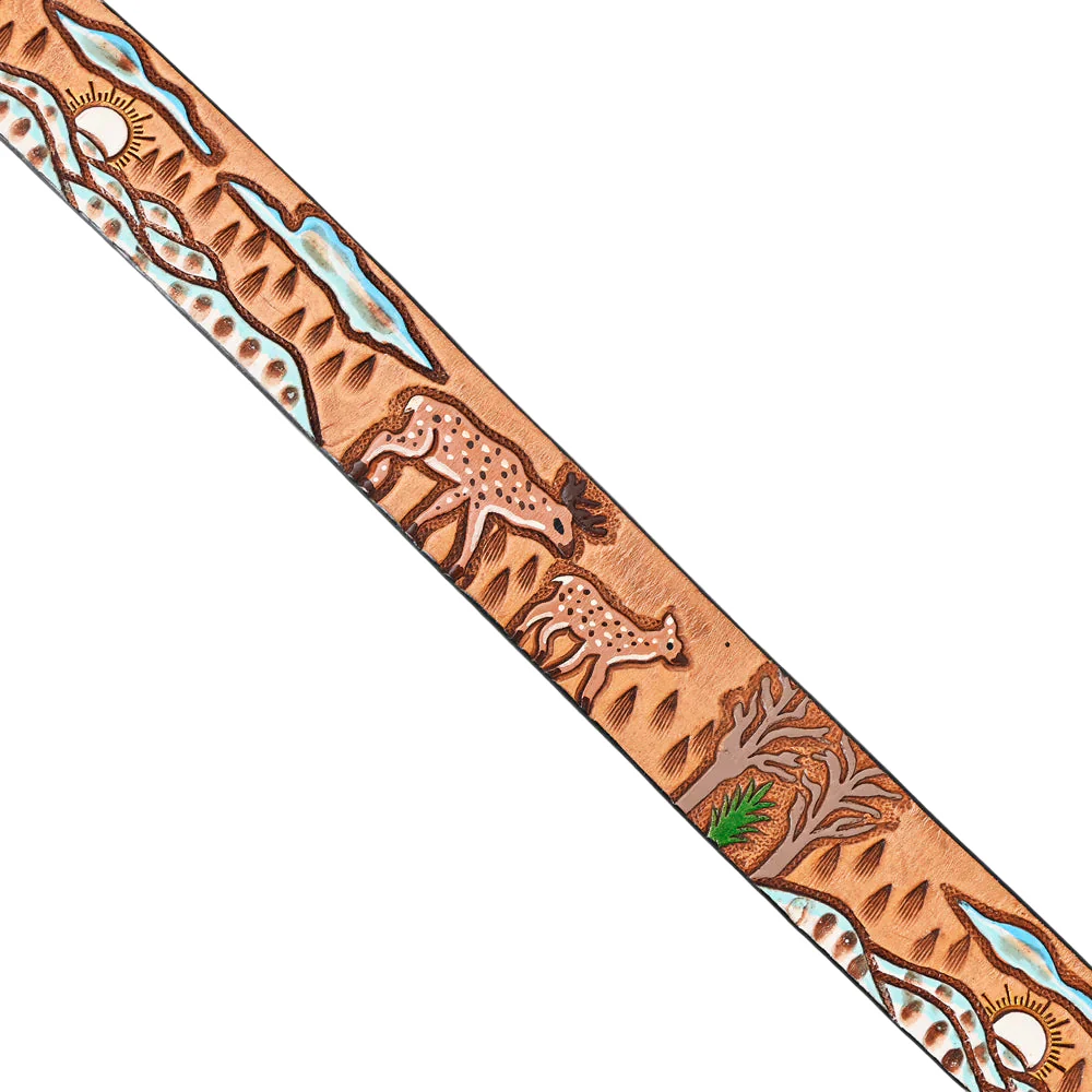 American Darling Tooled Leather Western Belt - Deer & Wilderness Landscape - Tan - Image 4