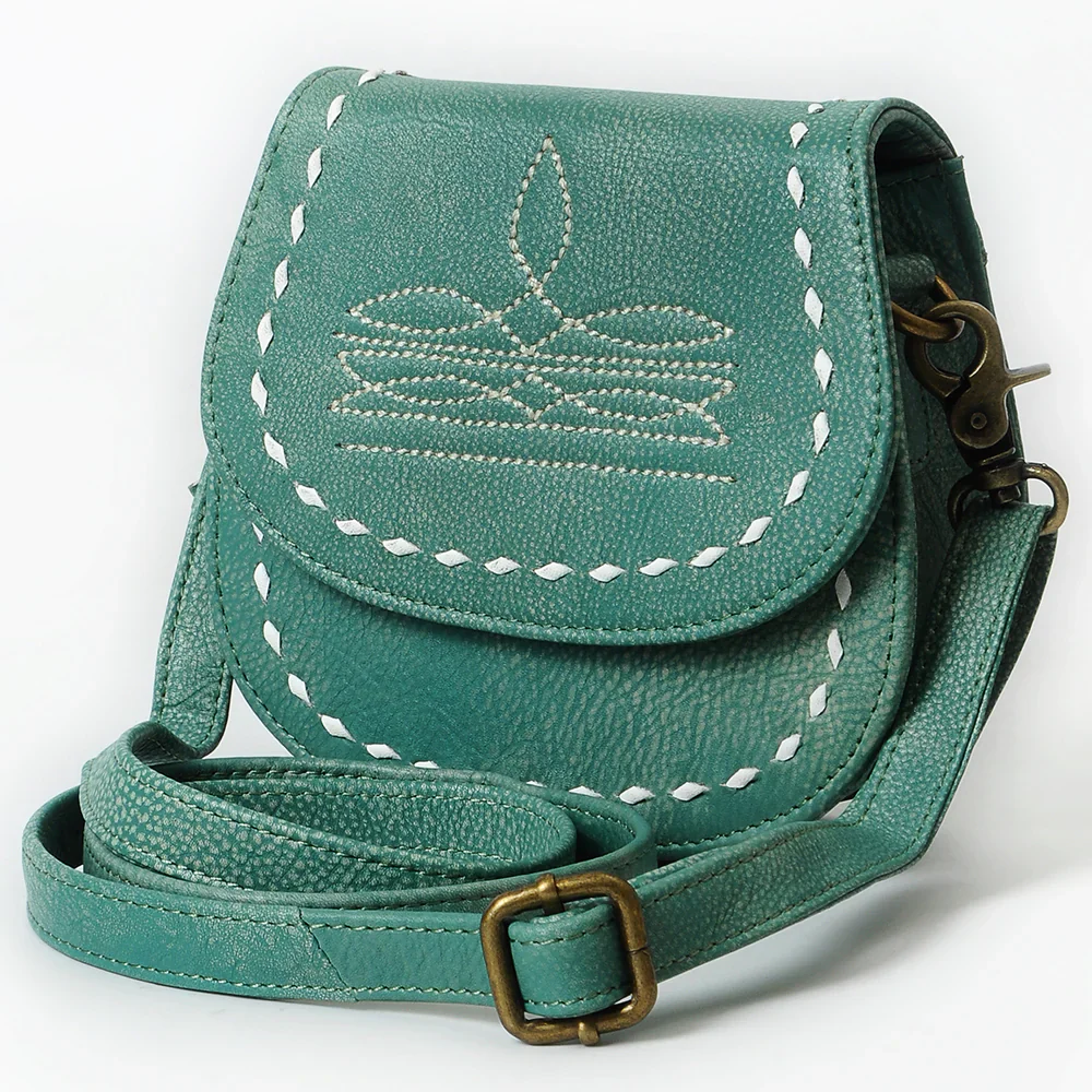 American Darling Western Stitch Leather Crossbody Saddle Purse- Teal