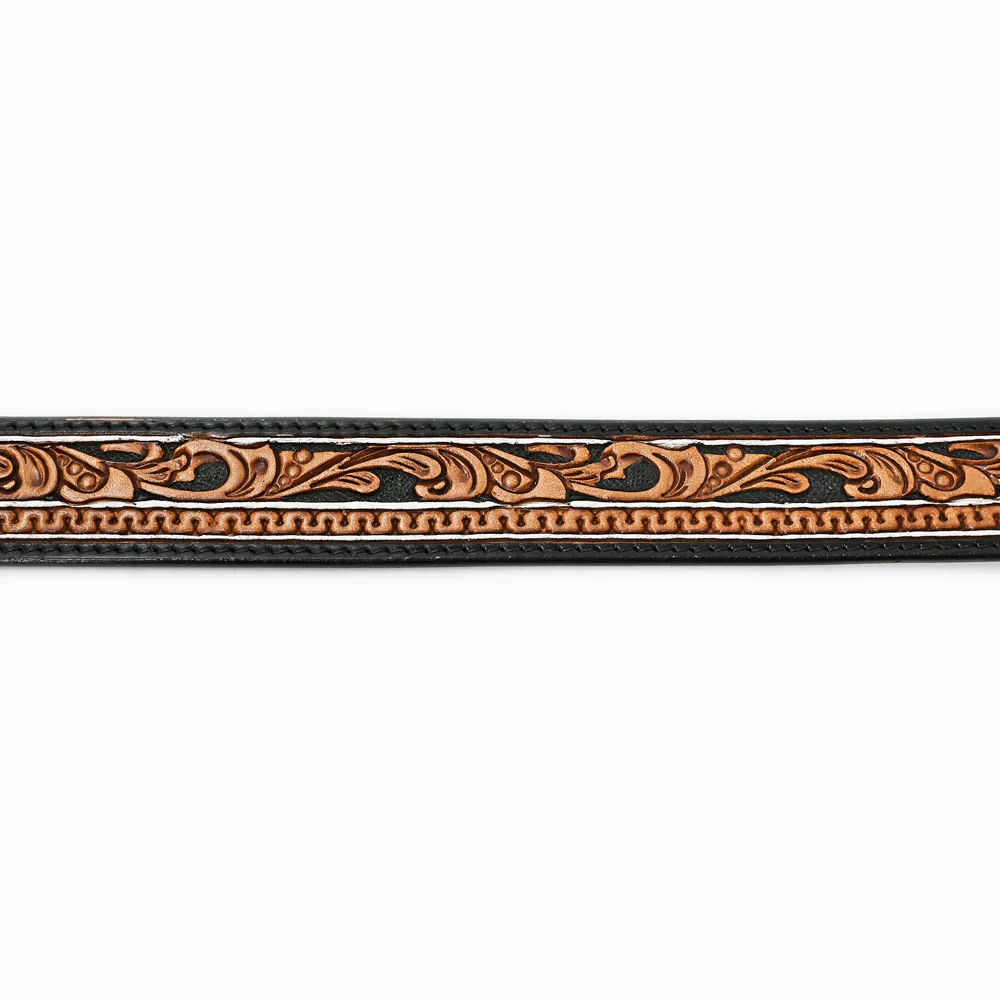 American Darling Western Tooled Leather Belt with Scrollwork & Silver Buckle - Black/Tan - Image 2