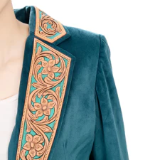 American Darling Women's Blazer w/Leather Lapels - Tan w/Turquoise Inlay - Image 2