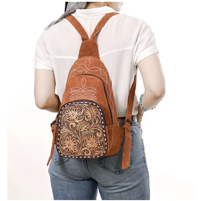 American Darling Women's Genuine Western Suede Leather Sling Bag - Caramel - Image 2