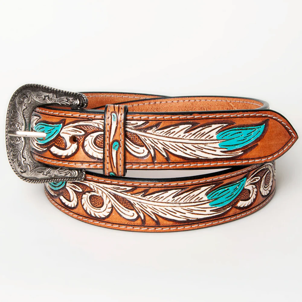 American Darling Women's Hand-Tooled Belt - White/Turquoise Feather Design - Brown - Image 2