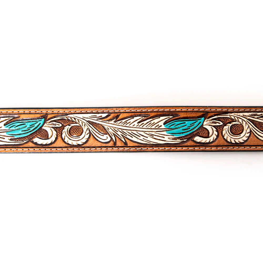 American Darling Women's Hand-Tooled Belt - White/Turquoise Feather Design - Brown - Image 3