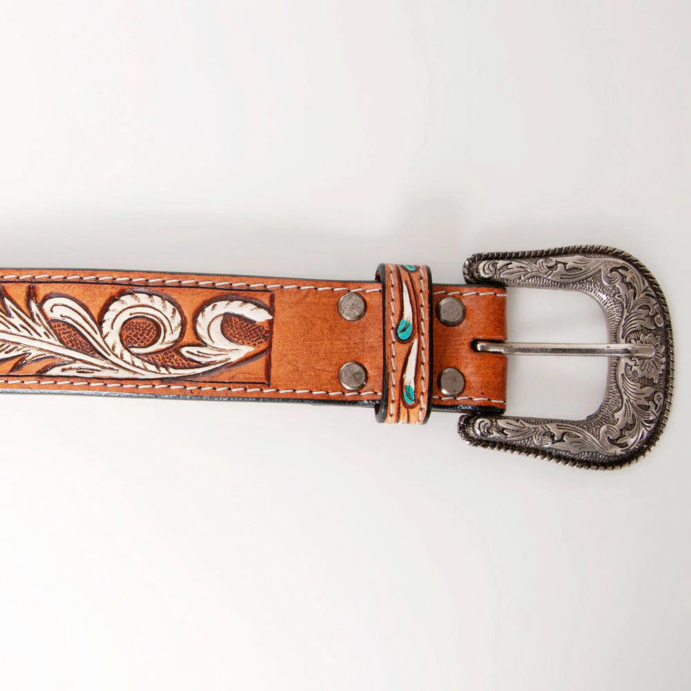 American Darling Women's Hand-Tooled Belt - White/Turquoise Feather Design - Brown - Image 4