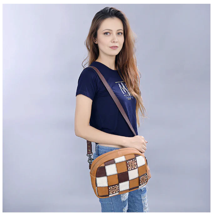 American Darling Women's Hand Tooled Leather Patchwork Crossbody Bag - Image 2