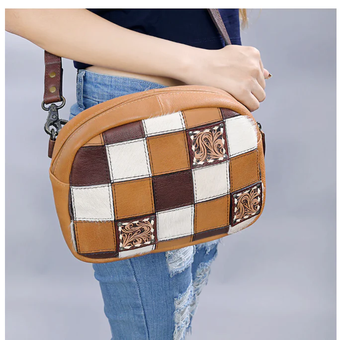 American Darling Women's Hand Tooled Leather Patchwork Crossbody Bag - Image 5
