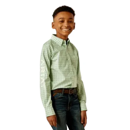 Ariat Boy's Long Sleeve Team Pierson Classic Fit Shirt- Light Green/ White