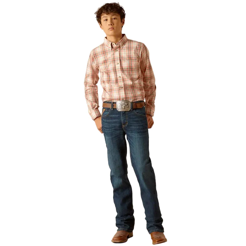 Ariat Boy's Pro Knox Classic Fit Long Sleeve Shirt - Coral - Image 2