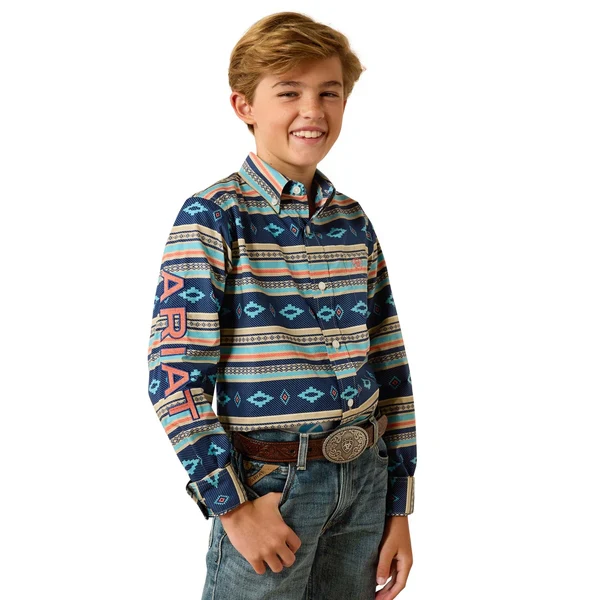 Ariat Boy's Team Jet Long Sleeve Shirt - Navy/Orange