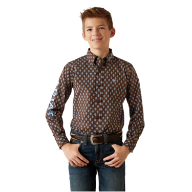 Ariat Boy's Team Oak Classic Fit Long Sleeve Shirt - Brown/Light Blue