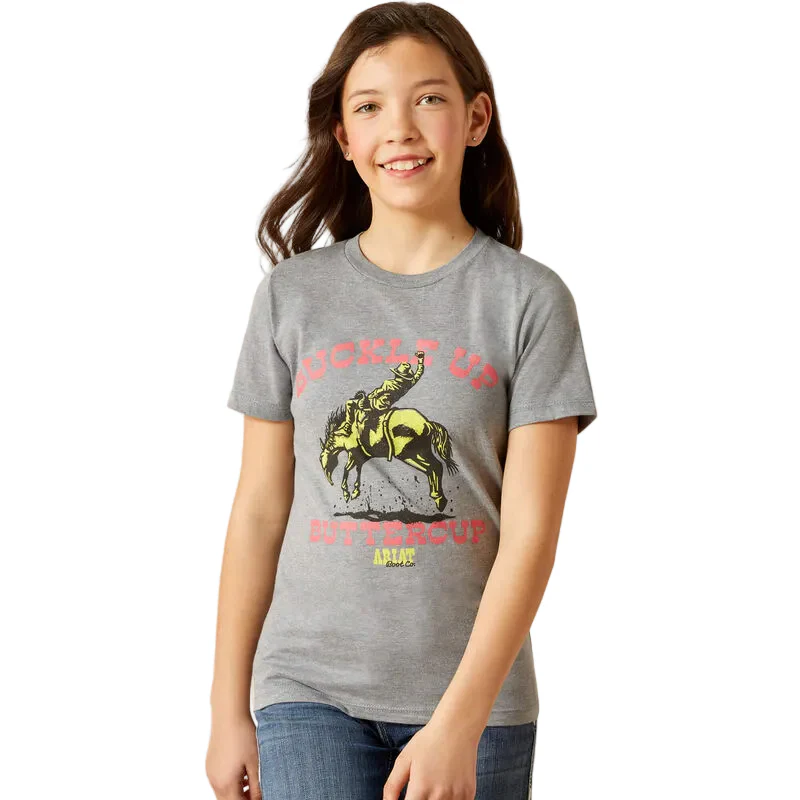 Ariat Girl's Ariat Buck Up Short Sleeve Tee Shirt - Ice Berg - Image 2