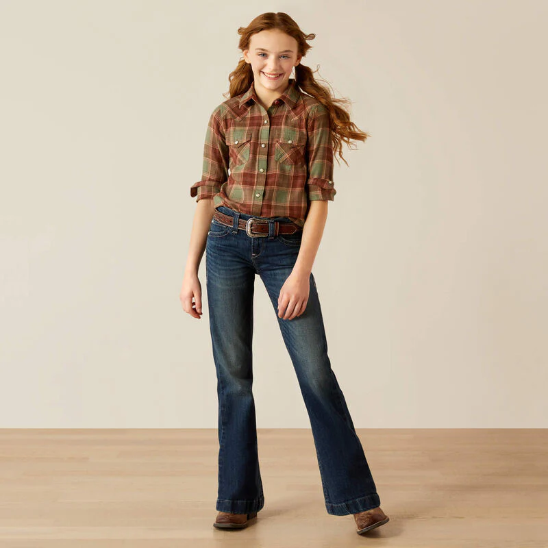 Ariat Girl's Ava Plaid Snap Long Sleeve Shirt- Oakwood - Image 3