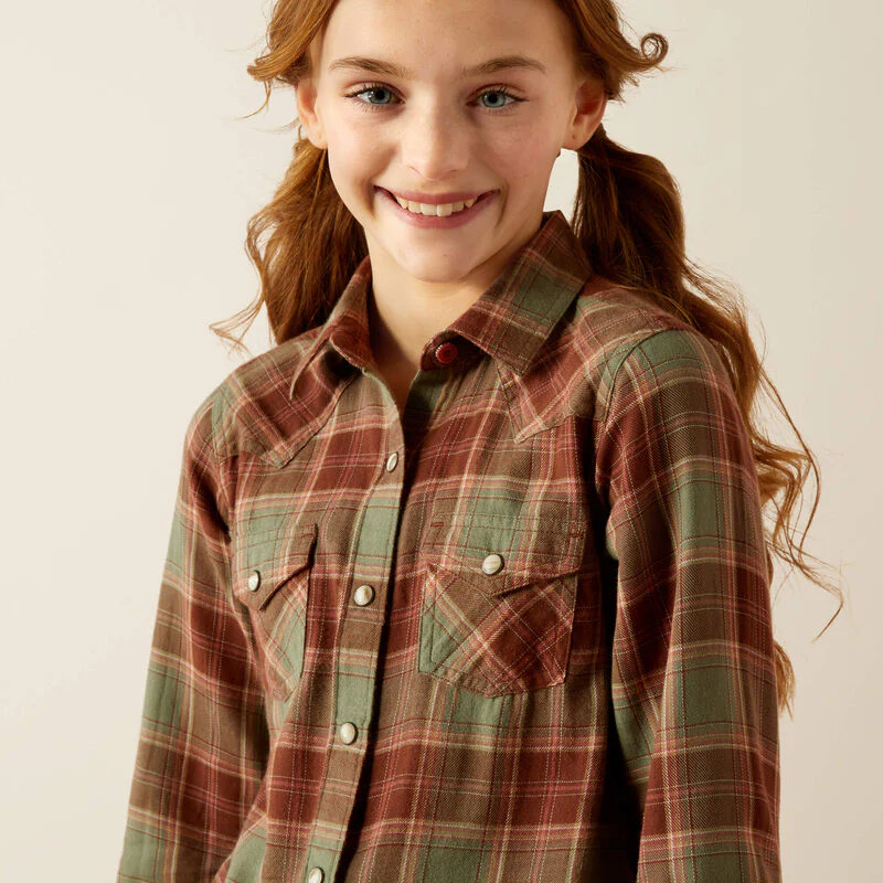 Ariat Girl's Ava Plaid Snap Long Sleeve Shirt- Oakwood - Image 4