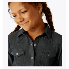 Ariat Girl's Chambray Snap Long Sleeve Shirt - Medium Blue - Image 3