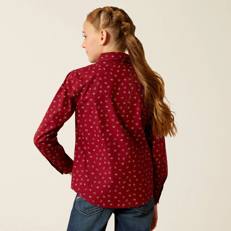 Ariat Girl's Red Ranch Snap Long Sleeve Shirt - Red Cattle Brand Print - Image 2