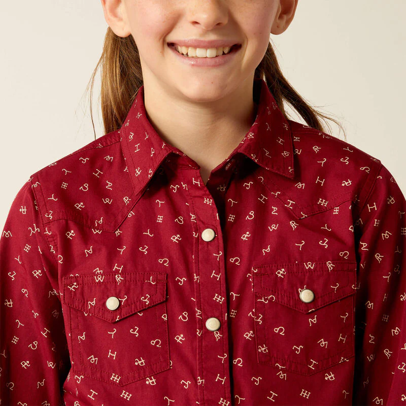 Ariat Girl's Red Ranch Snap Long Sleeve Shirt - Red Cattle Brand Print - Image 3