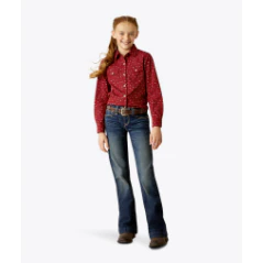 Ariat Girl's Red Ranch Snap Long Sleeve Shirt - Red Cattle Brand Print - Image 4