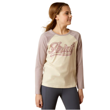 Ariat Girl's Pony Script Baseball Long Sleeve Shirt - Natural/Purple Dove Heather