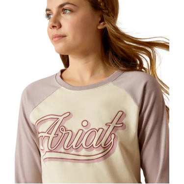 Ariat Girl's Pony Script Baseball Long Sleeve Shirt - Natural/Purple Dove Heather - Image 3
