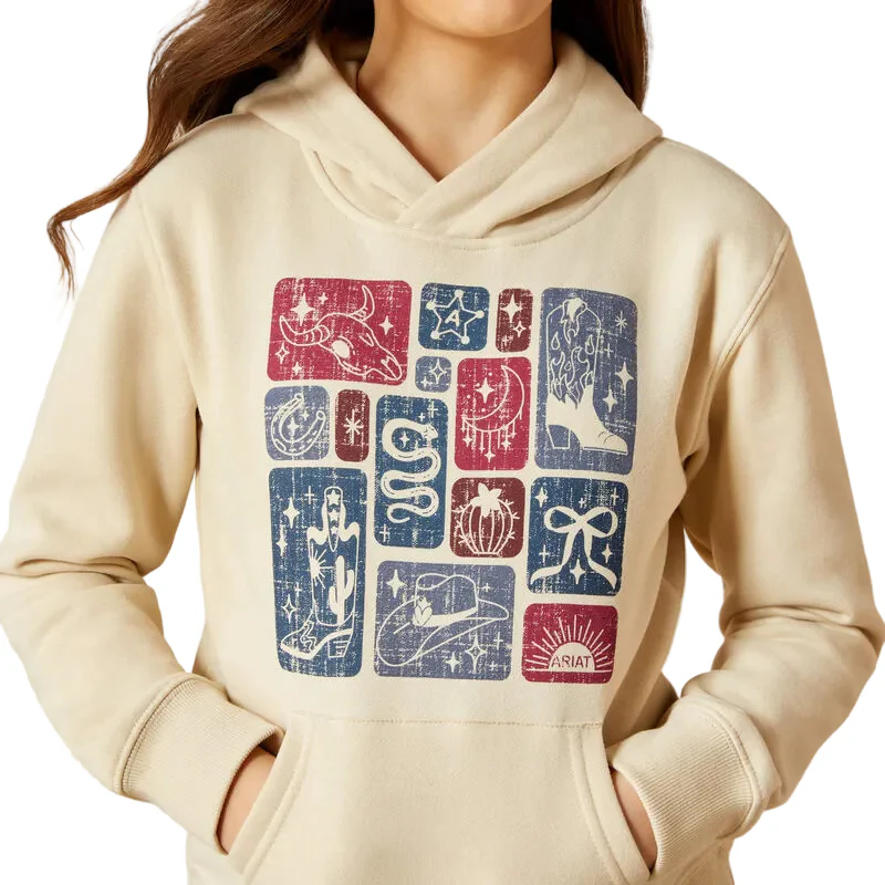Ariat Girl's Western Blocks Long Sleeve Hoodie - Oyster Grey - Image 3