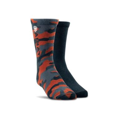 Ariat Kid's Orange Camo Graphic Crew Socks (2 Pairs) - Orange/Black