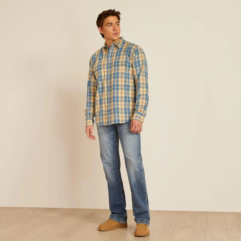 Ariat Men's Harlem Retro Snap Plaid Long Sleeve Shirt- Pale Khaki - Image 3
