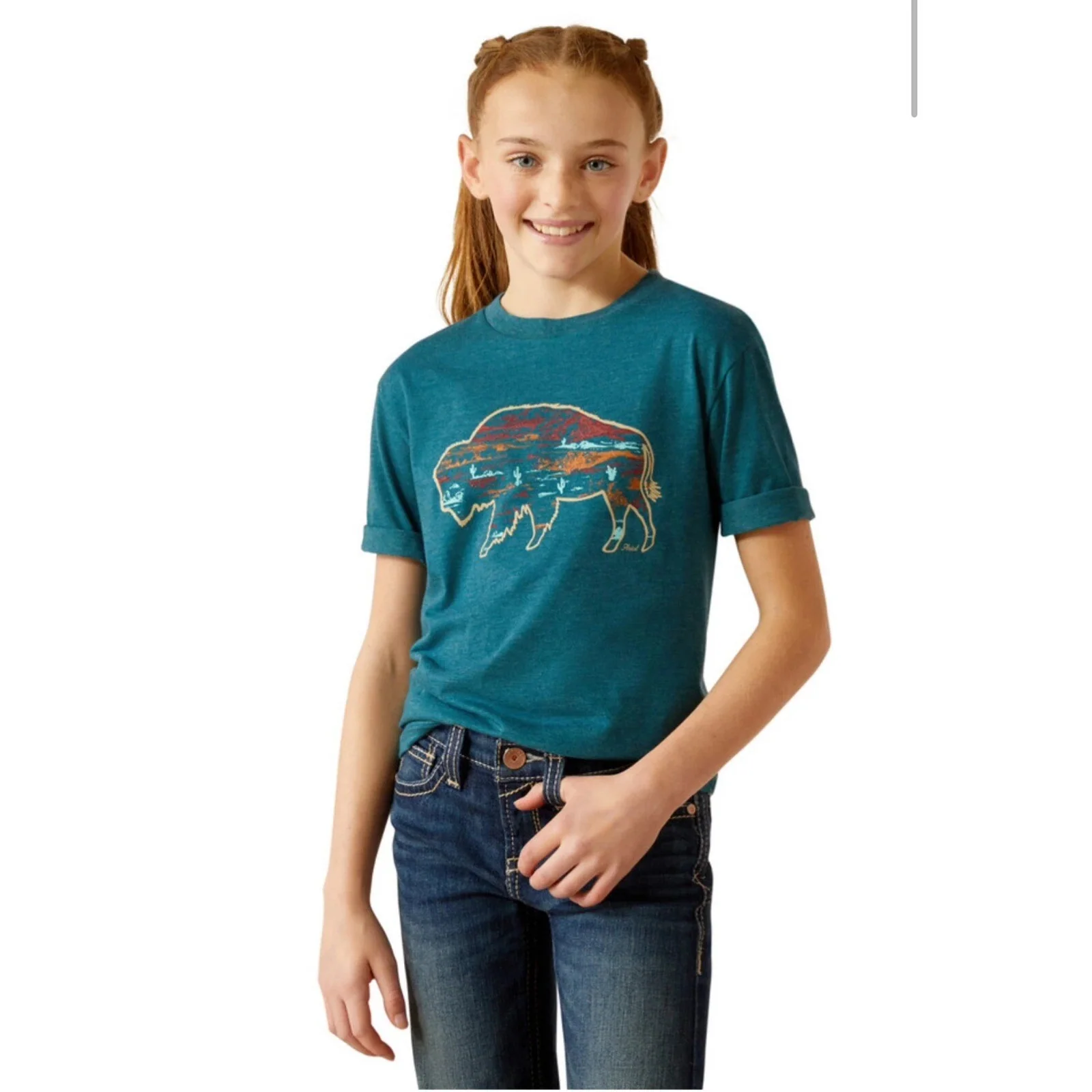Ariat Girl's  Bison Ranch Short Sleeve T-Shirt - Deep Sea Heather